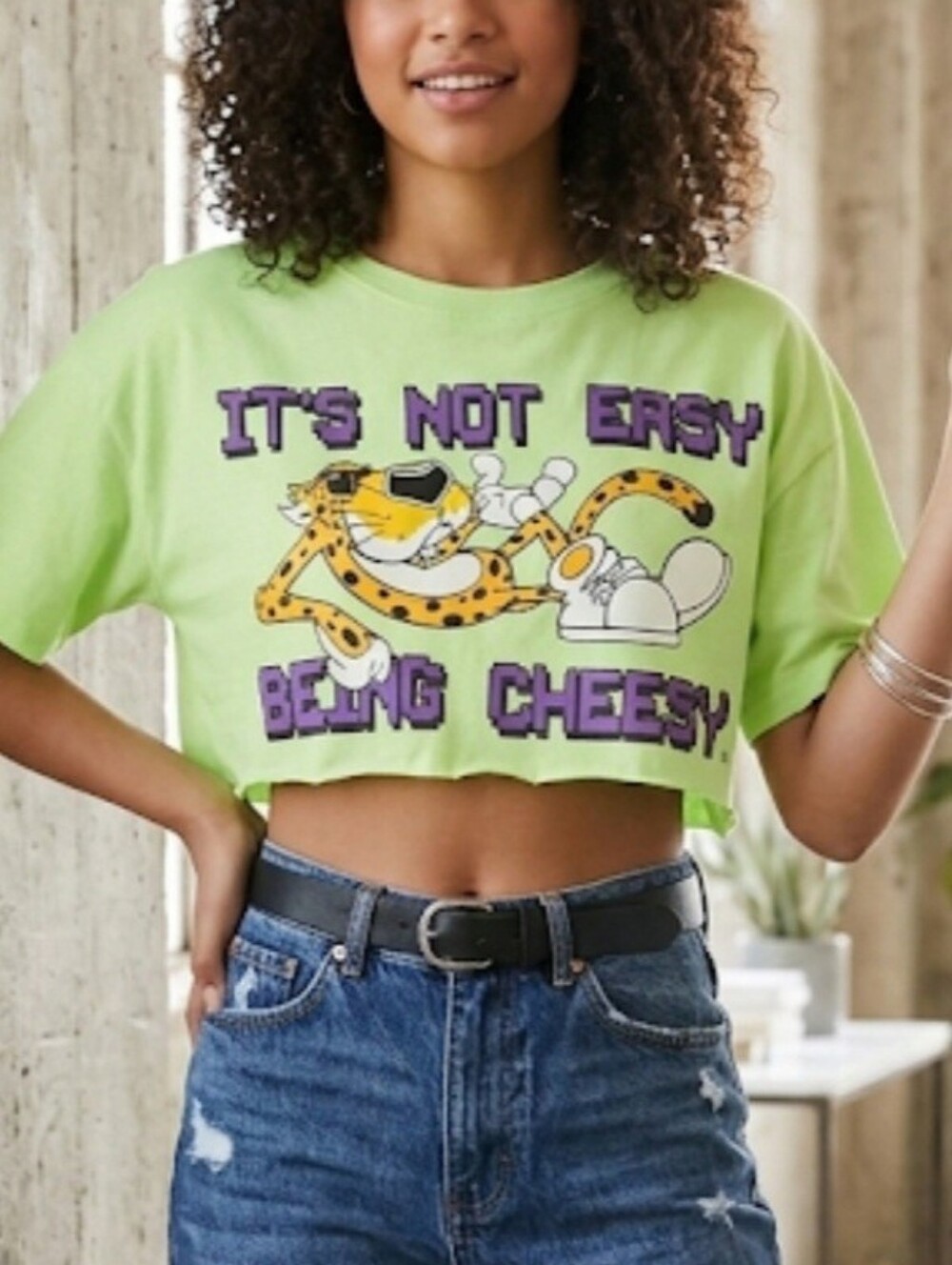 Forever 21 Cheetos Chester Cheetah Crop Tee Womens Size Medium Lime Green